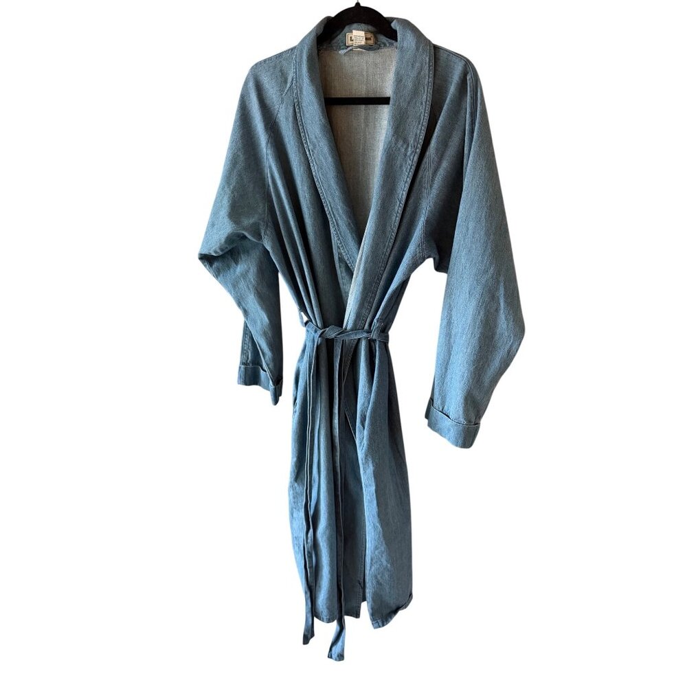 LL Bean Mens Denim Robe Size Medium Blue Self Wrap Long Sleeved Relaxed Vintage - Picture 8 of 9